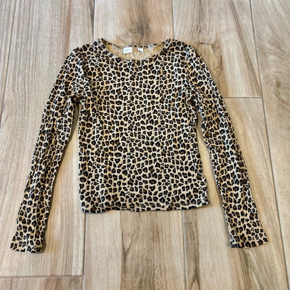 GAP Kids Girls T-Shirt XL Beige Leopard Print Ribbed Long Sleeve Crew Neck